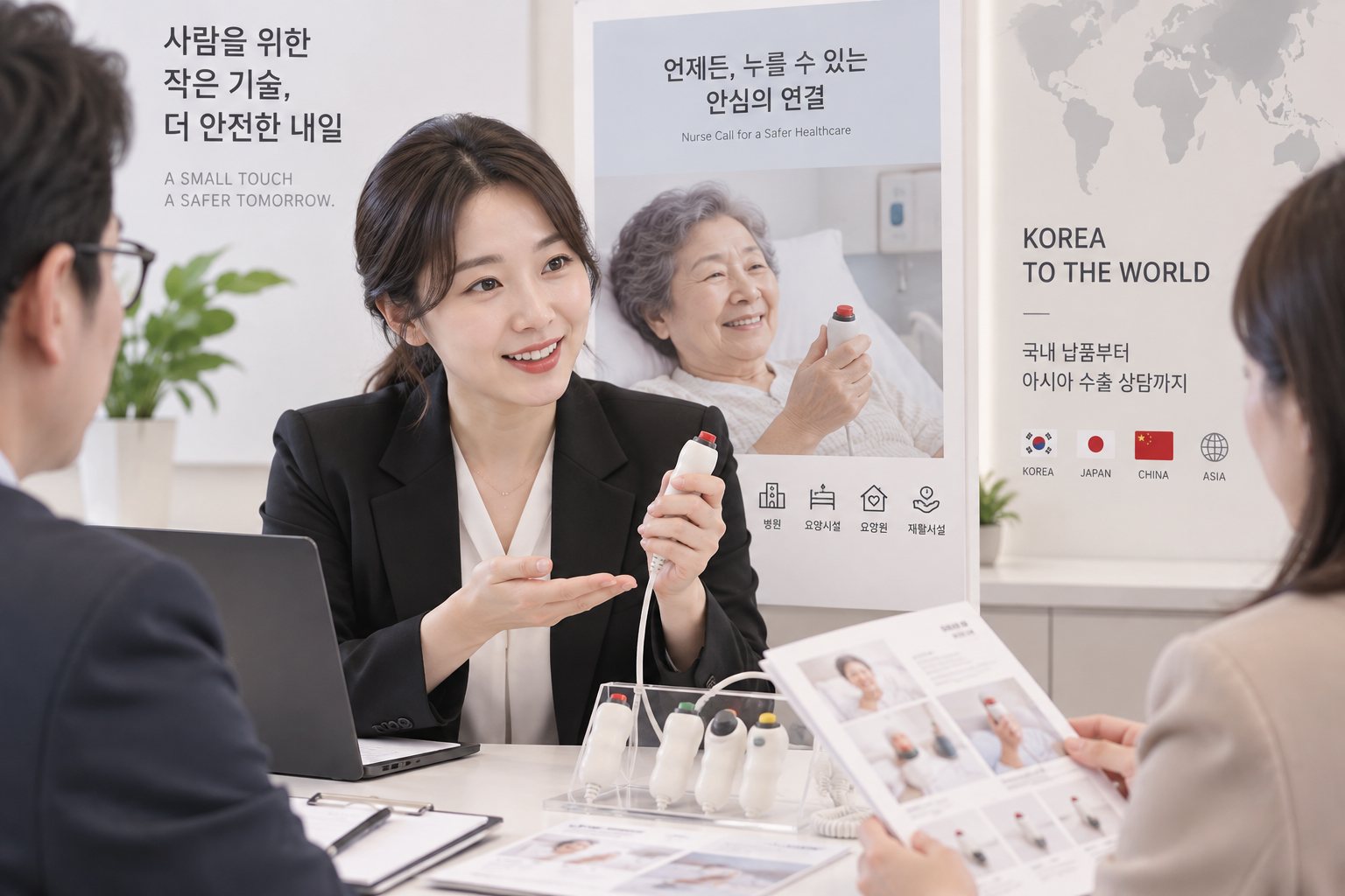 여성 상담사가 유선 너스콜 제품을 들고 국내 납품 및 수출 상담을 진행하는 모습