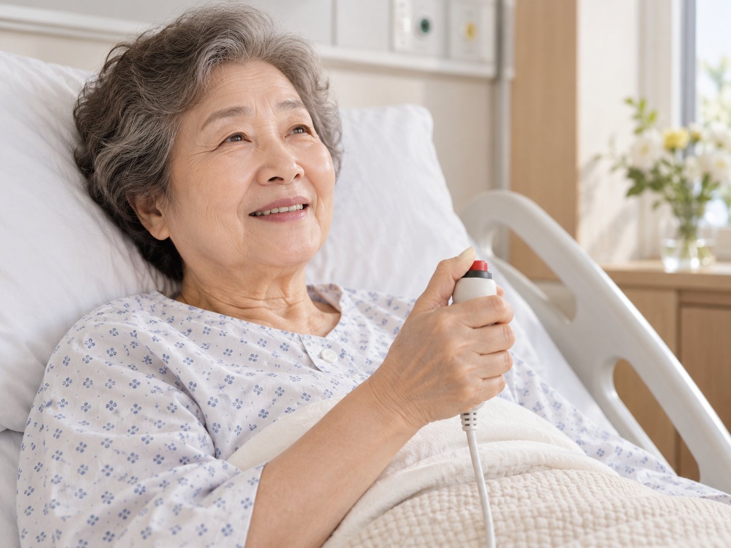 고령자가 병원 침상에서 유선 너스콜을 손에 쥐고 사용하는 이미지